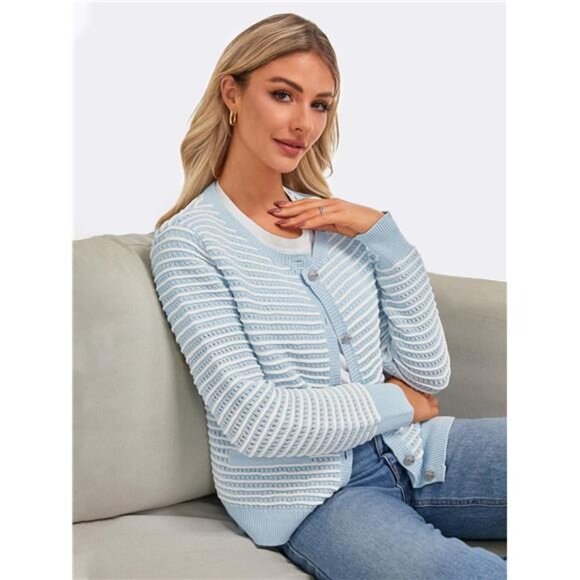 FAIRY SEASON Women's Striped Cardigan Sweaters Open Front Long Sleeve Button - Picture 5 of 7